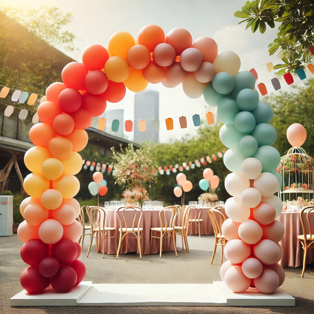 DALL·E 2024 12 30 16.05.22 A vibrant and elegant balloon arch standing in a festive outdoor setting. The arch features balloons in a minimalistic design with alternating colors