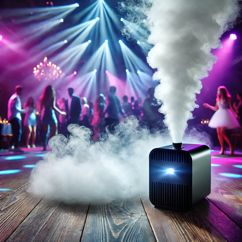 DALL·E 2024 12 30 16.10.29 A sleek and modern smoke machine placed in a party setting. The smoke machine is compact and black emitting a stream of dense white fog that creates